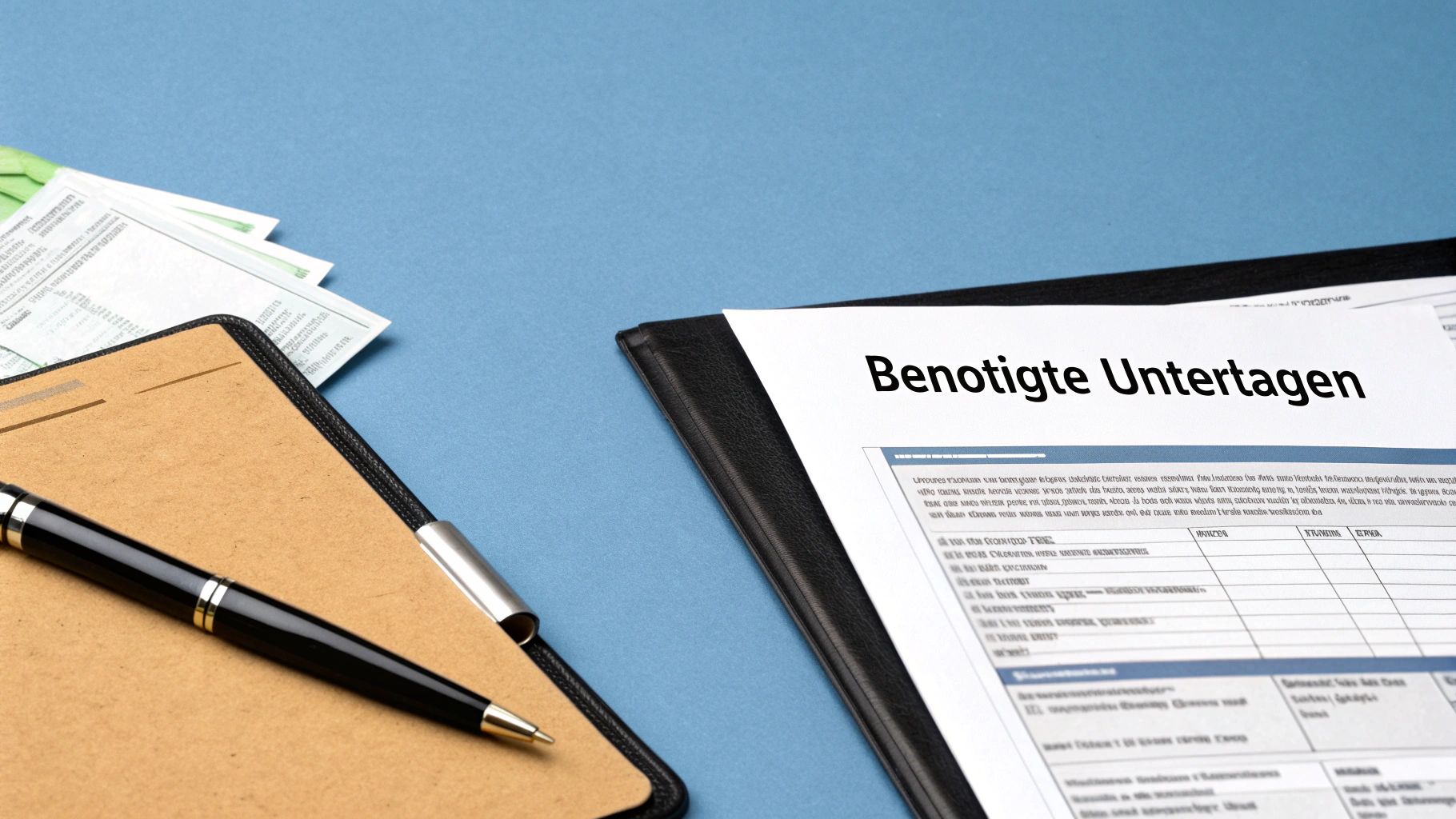 Ein Dokument mit der Überschrift „Benötigte Unterlagen“ in einem Ordner, daneben ein Stift und Papiere auf blauem Hintergrund.