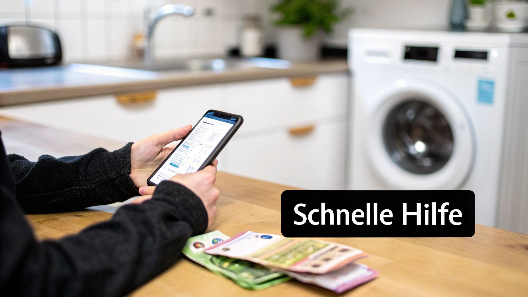Person hält Smartphone mit Finanz-App, Euro-Banknoten auf dem Tisch und Waschmaschine im Hintergrund. Text: Schnelle Hilfe.