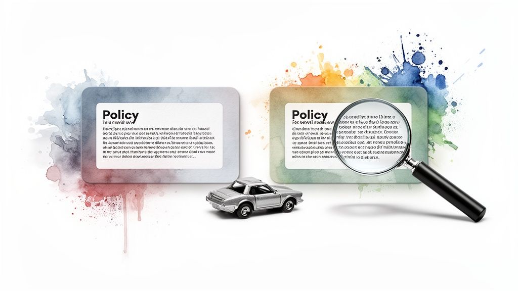 Zwei Versicherungspolicen mit einem kleinen silbernen Auto, eine davon wird mit einer Lupe geprüft.