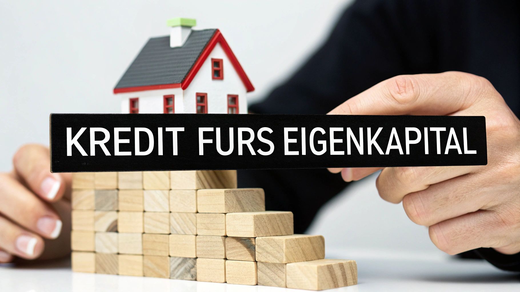 Eine Hand hält ein Schild mit 'KREDIT FURS EIGENKAPITAL' vor einem Modellhaus auf Holzblöcken.