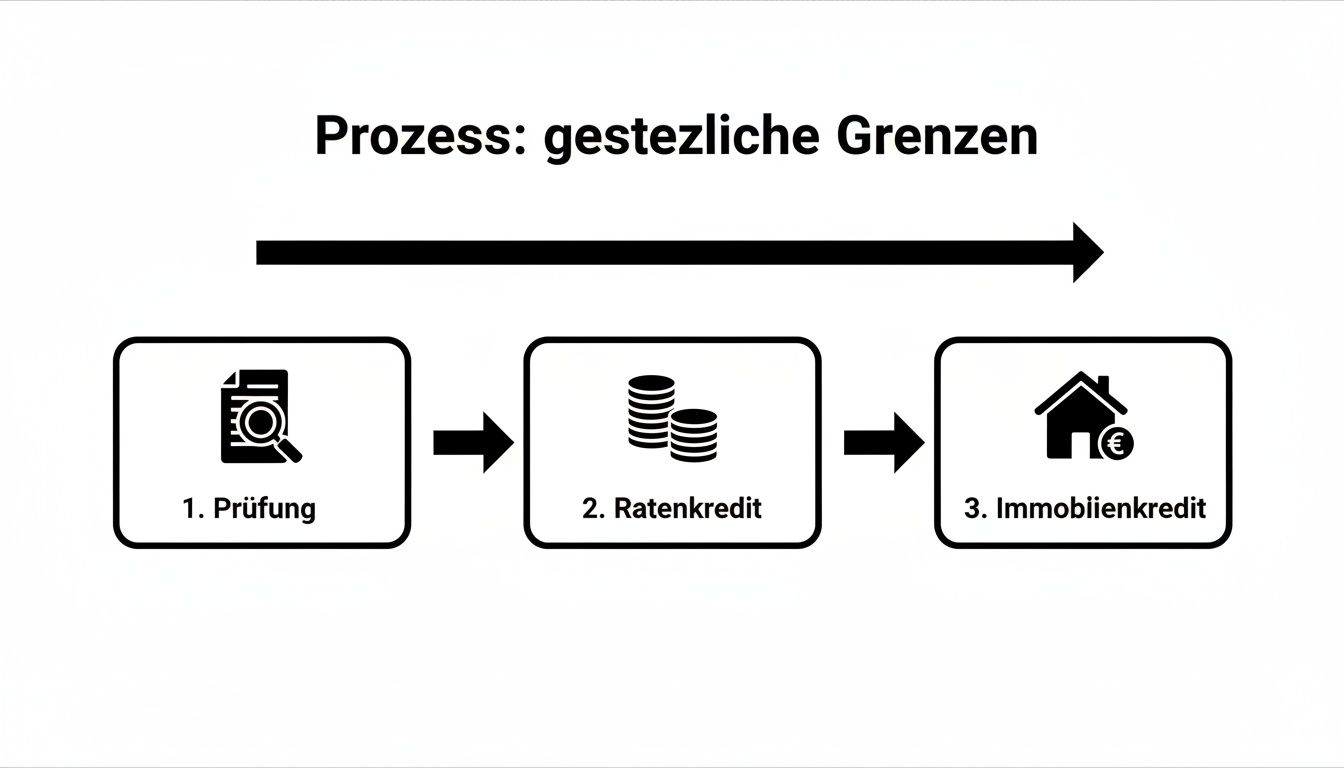 Diagramm zum Kreditprozess: Prüfung, Ratenkredit und Immobilienkredit, unter Berücksichtigung gesetzlicher Grenzen.