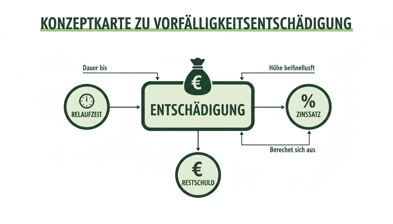 Konzeptkarte zur Vorfälligkeitsentschädigung, die deren Berechnung aus Restlaufzeit, Zinssatz und Restschuld darstellt.
