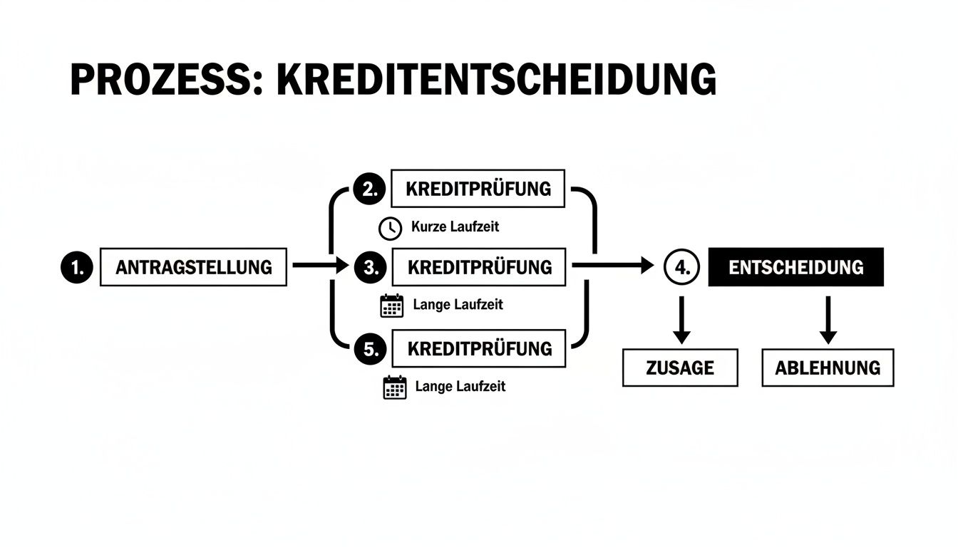Flussdiagramm zum Kreditentscheidungsprozess, beginnend mit der Antragstellung, über Kreditprüfungen bis zur finalen Entscheidung.