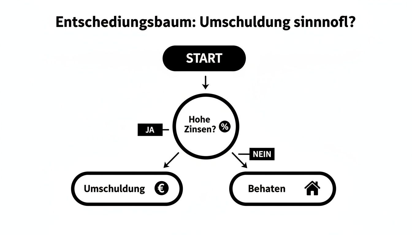 Entscheidungsbaum: Startpunkt, Frage nach hohen Zinsen, bei Ja Umschuldung, bei Nein Beibehalten.
