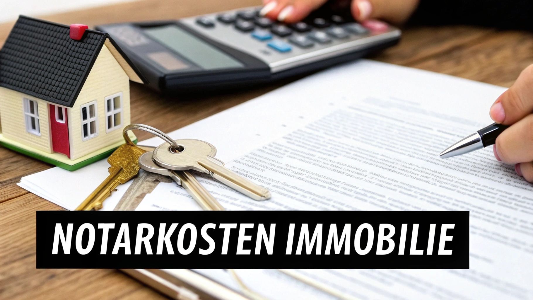 Ein Miniaturhausmodell mit Schlüsseln, einem Rechner und einer Person, die Dokumente unterzeichnet. Text: Notarkosten Immobilie.