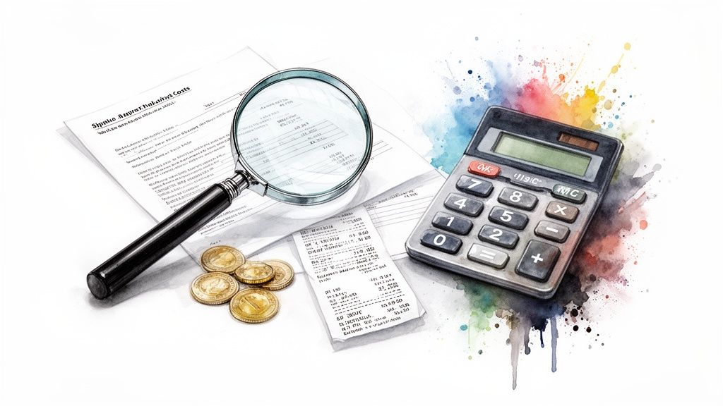 Taschenrechner, Lupe, Dokumente und Münzen auf weißem Hintergrund mit bunten Aquarellspritzern.