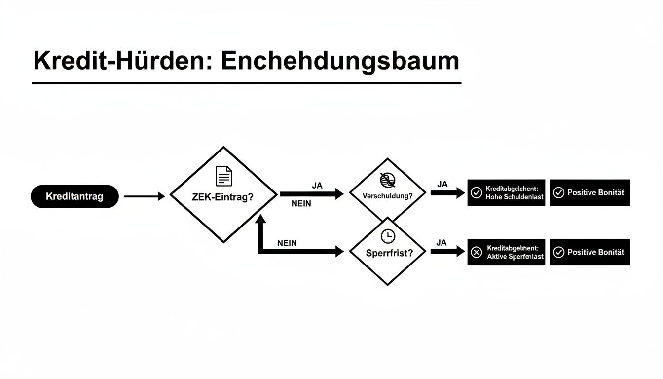 Entscheidungsbaum für Kredit-Hürden zeigt den Prozess der Kreditprüfung basierend auf ZEK-Eintrag, Verschuldung und Sperrfrist.