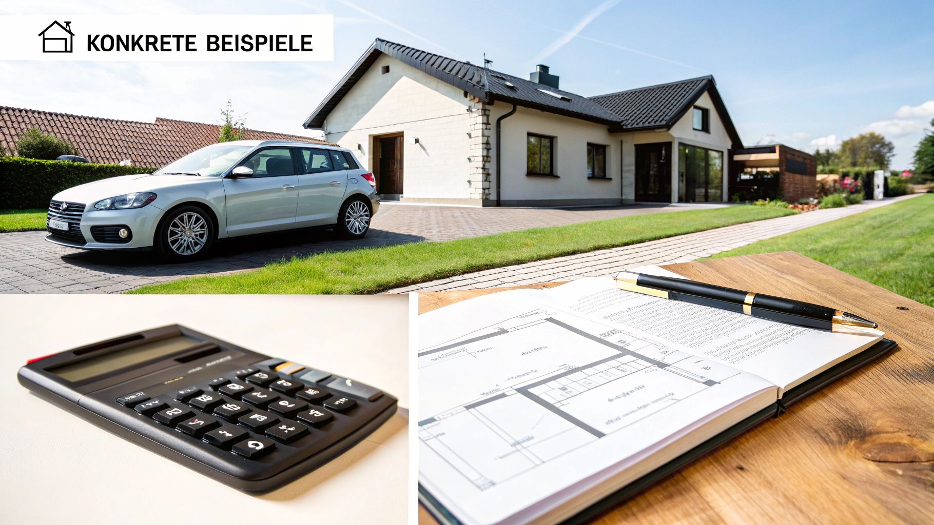 Modernes Haus mit Auto, Taschenrechner und Bauplänen als konkrete Finanzierungsbeispiele.
