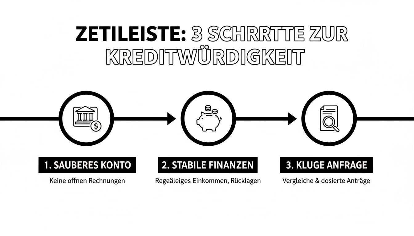 Infografik zeigt 3 Schritte zur Kreditwürdigkeit: sauberes Konto, stabile Finanzen und kluge Anfragen.