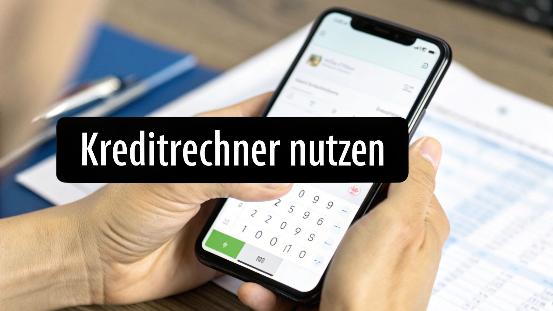 Hände halten ein Smartphone mit einer Kreditrechner-App und dem Text „Kreditrechner nutzen“.