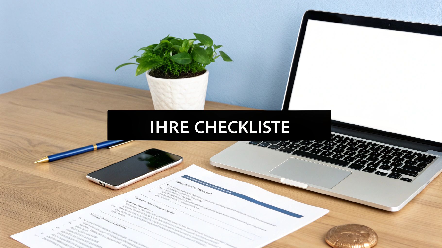 Ein Schreibtisch mit Laptop, Smartphone, Stift und Dokumenten. Eine schwarze Leiste mit der Aufschrift 'IHRE CHECKLISTE' liegt über dem Bild.