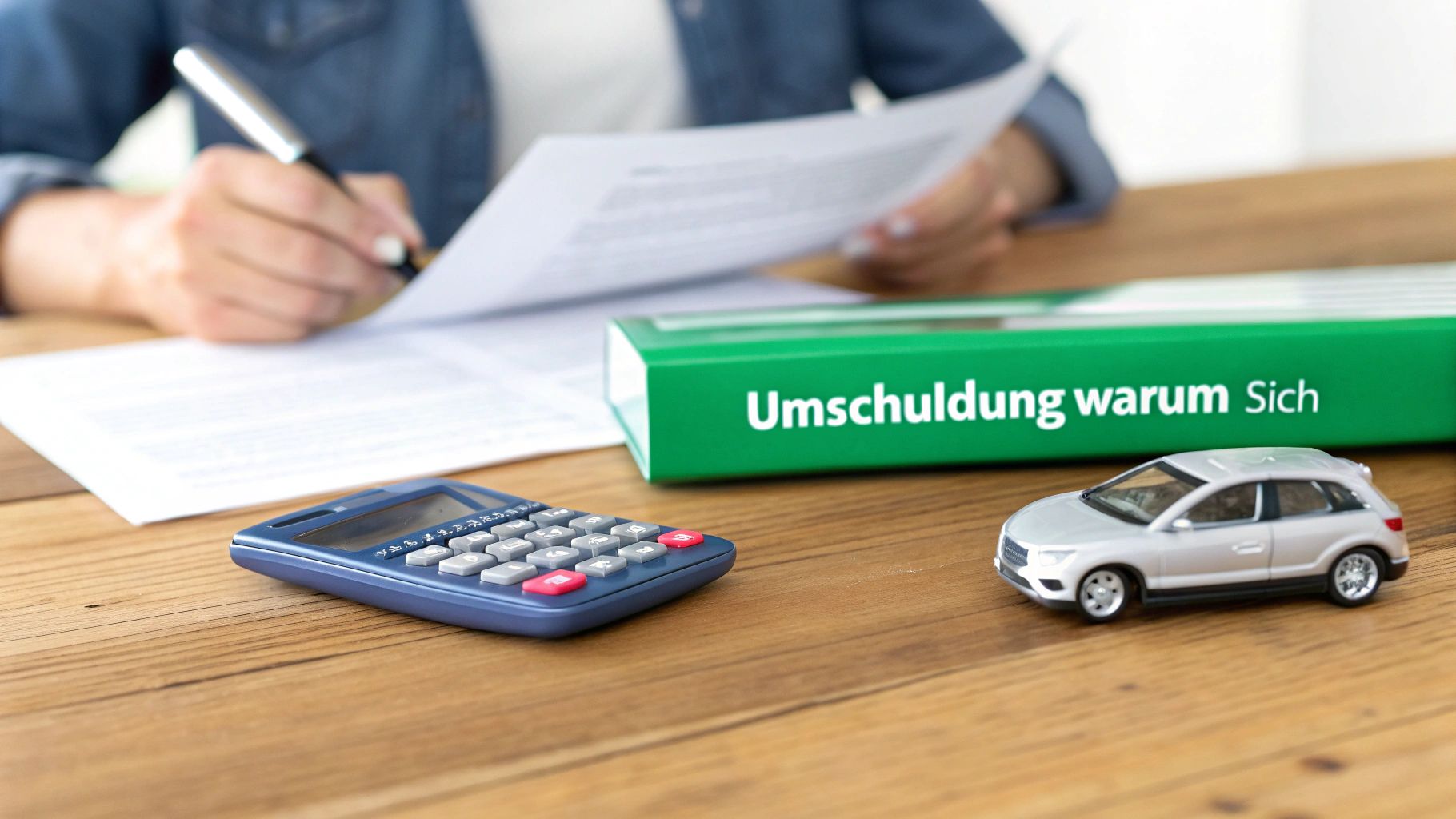 Person unterschreibt Dokumente, mit Taschenrechner, Spielzeugauto und einem Ordner 'Umschuldung' auf dem Tisch.