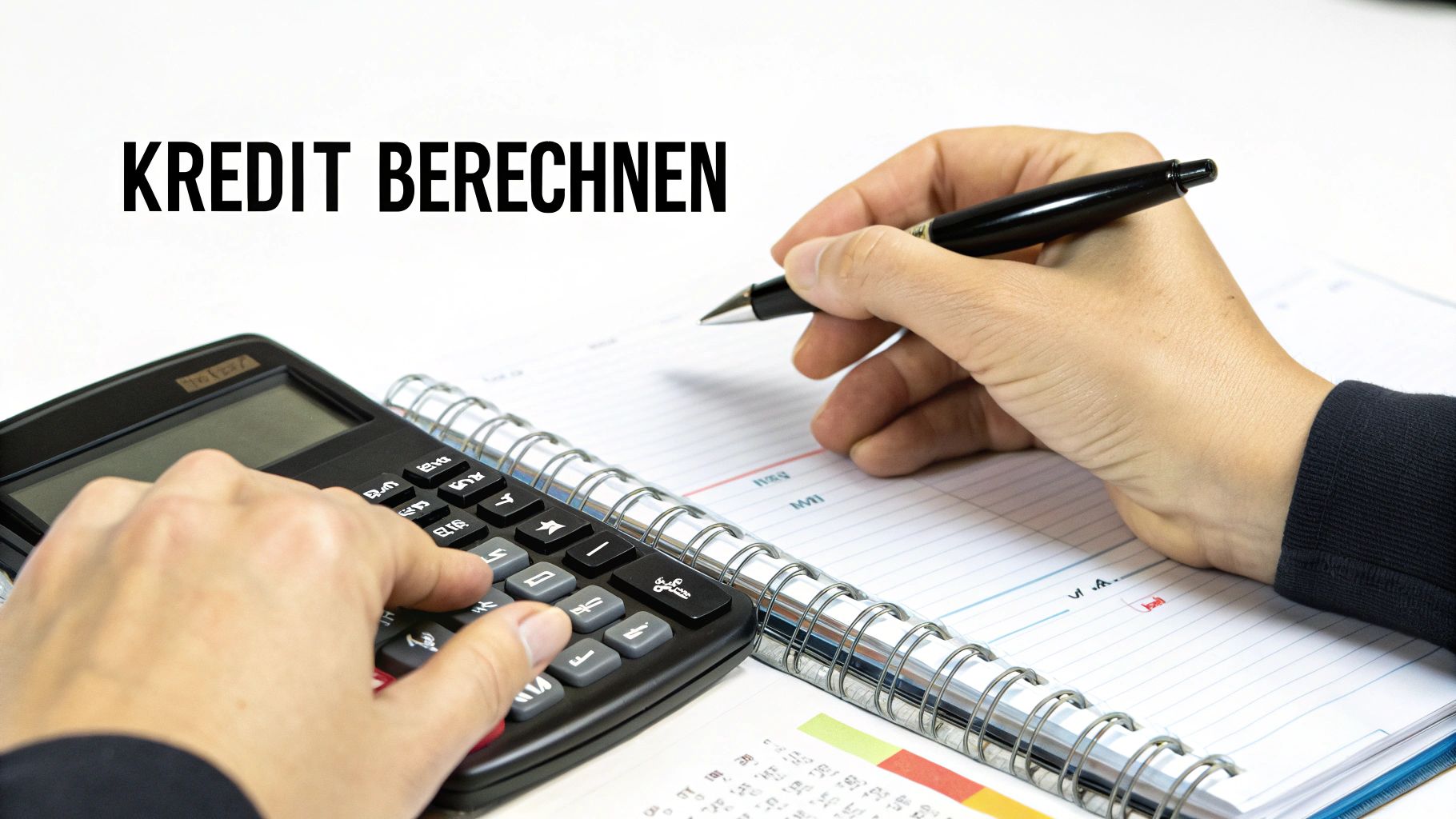 Zwei Hände tippen auf einen Taschenrechner und schreiben in ein Notizbuch. Überschrift: Kredit berechnen.