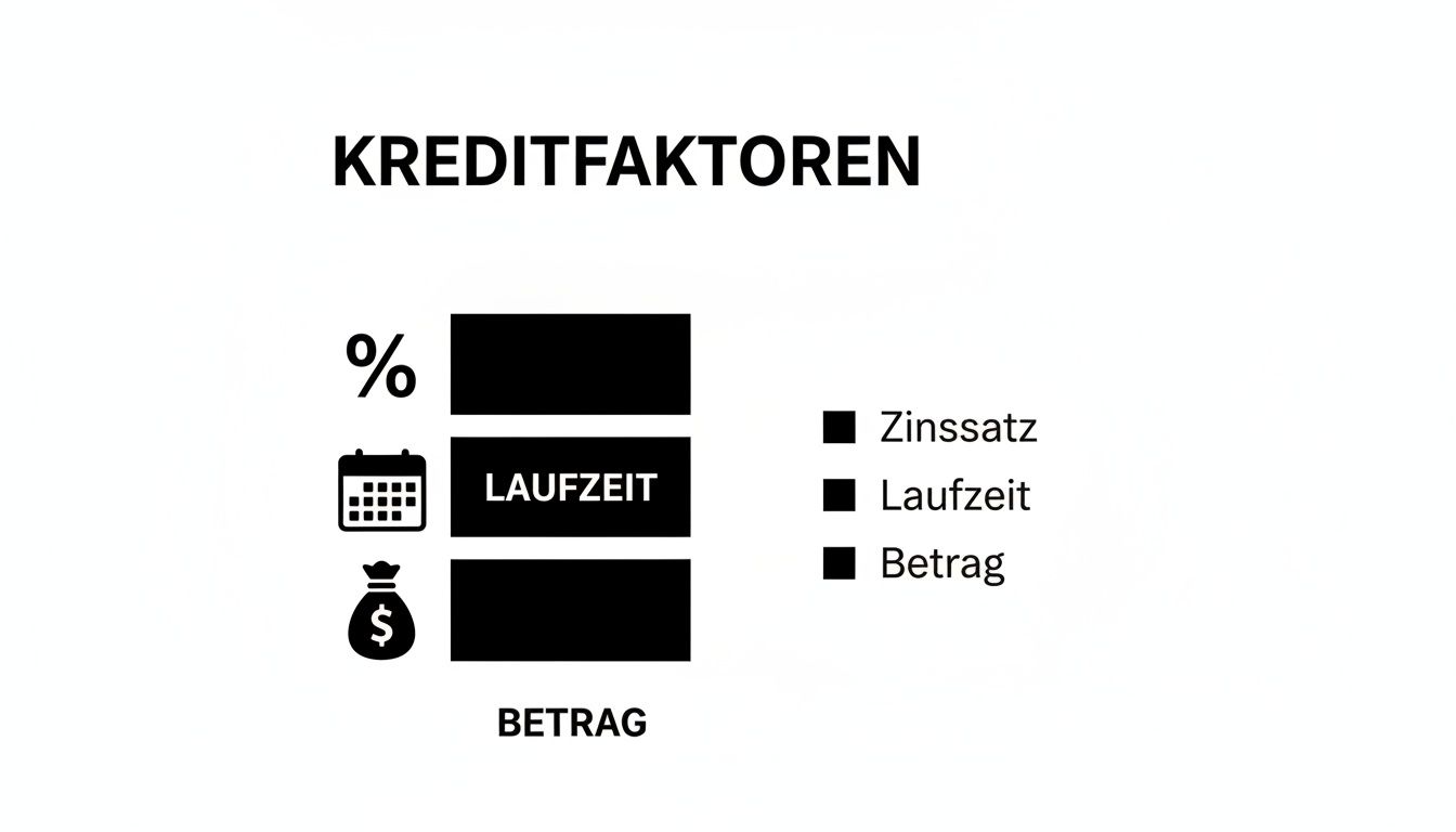 Eine Grafik stellt die Hauptfaktoren eines Kredits dar: Zinssatz, Laufzeit und Betrag.