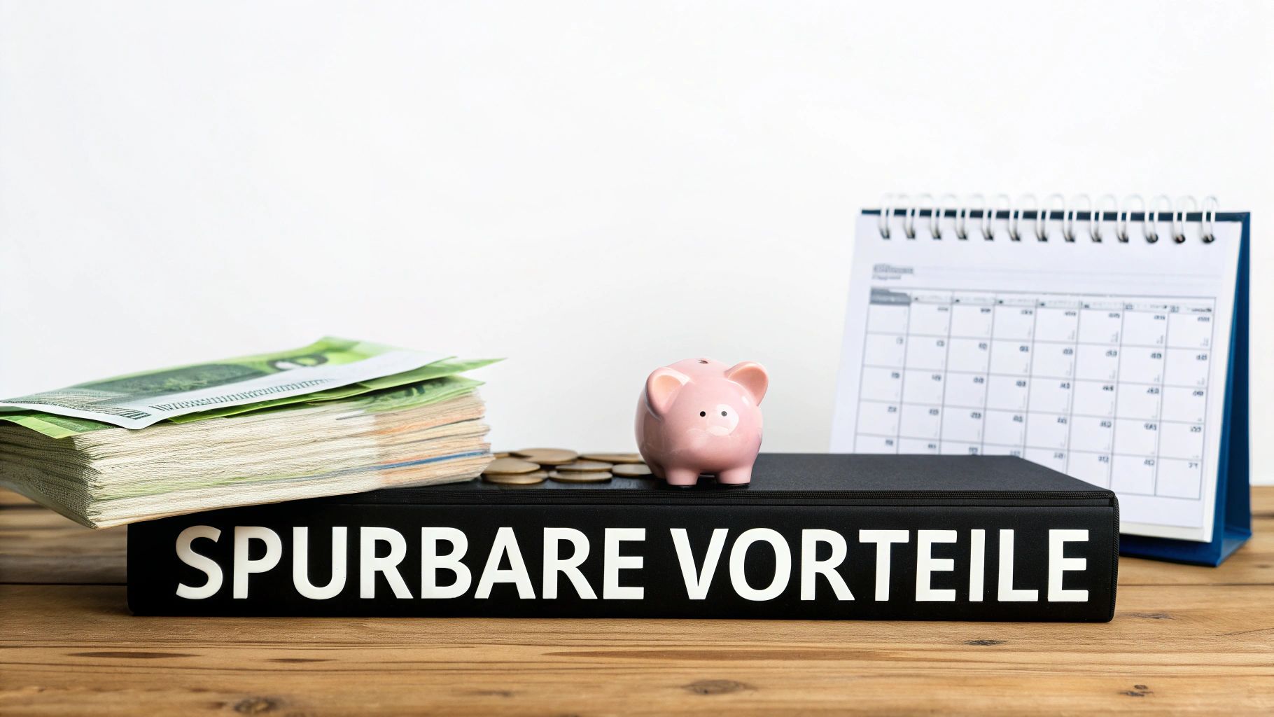 Ein schwarzer Ordner mit der Aufschrift 'SPURBARE VORTEILE', umgeben von Geld, Münzen, einer Spardose und einem Kalender.
