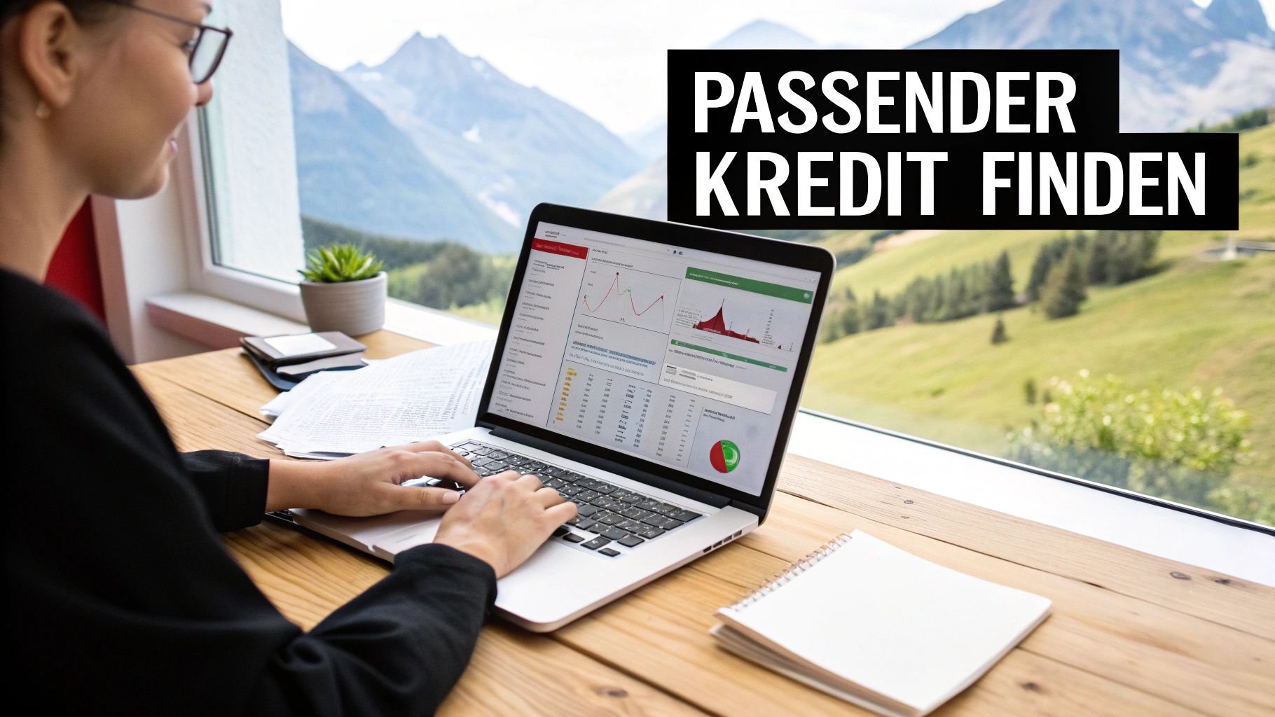 Lächelnde Frau mit Brille arbeitet am Laptop an einem Holztisch mit Bergblick, sucht passenden Kredit.