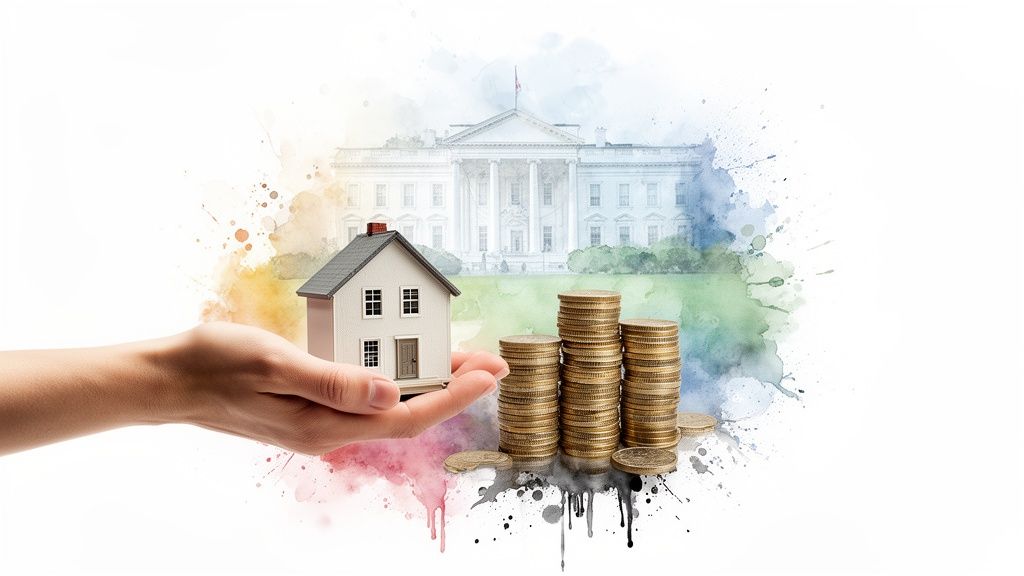 Eine Hand hält ein kleines Hausmodell, daneben Geldmünzenstapel und im Hintergrund das Weiße Haus als Aquarell.