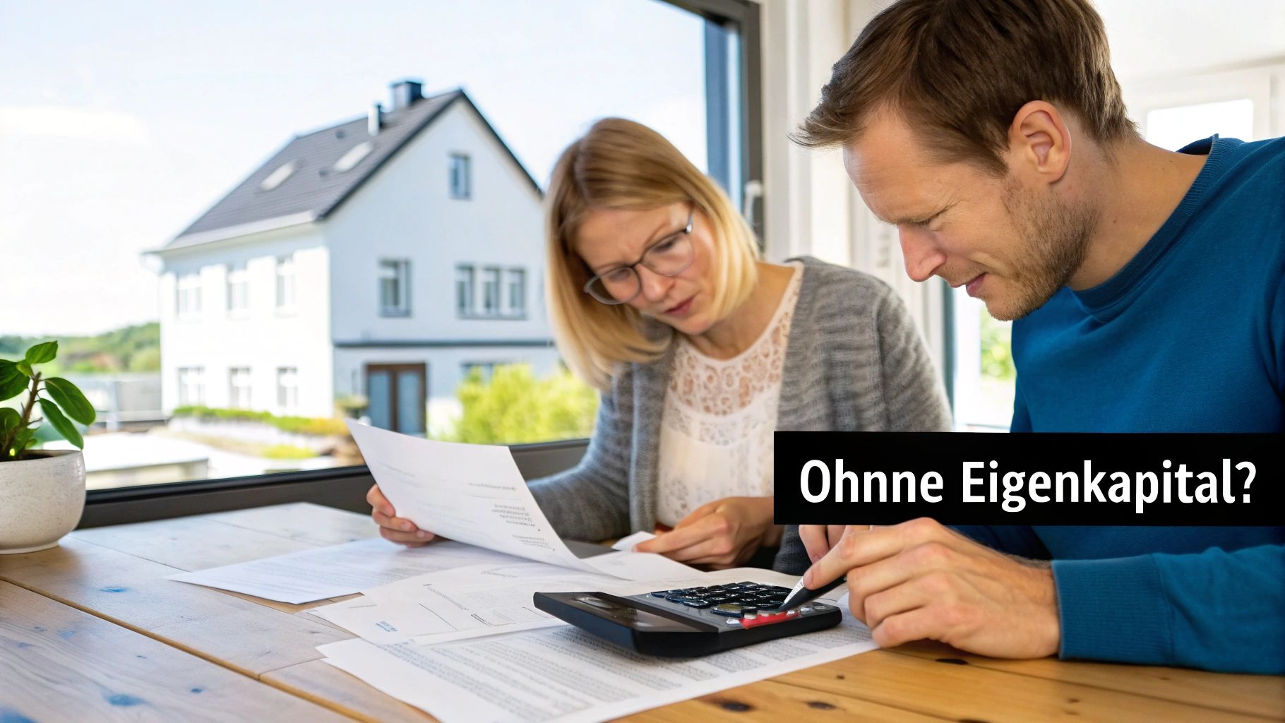 Paar prüft Unterlagen und Rechner für Immobilienfinanzierung mit Blick auf ein Haus.
