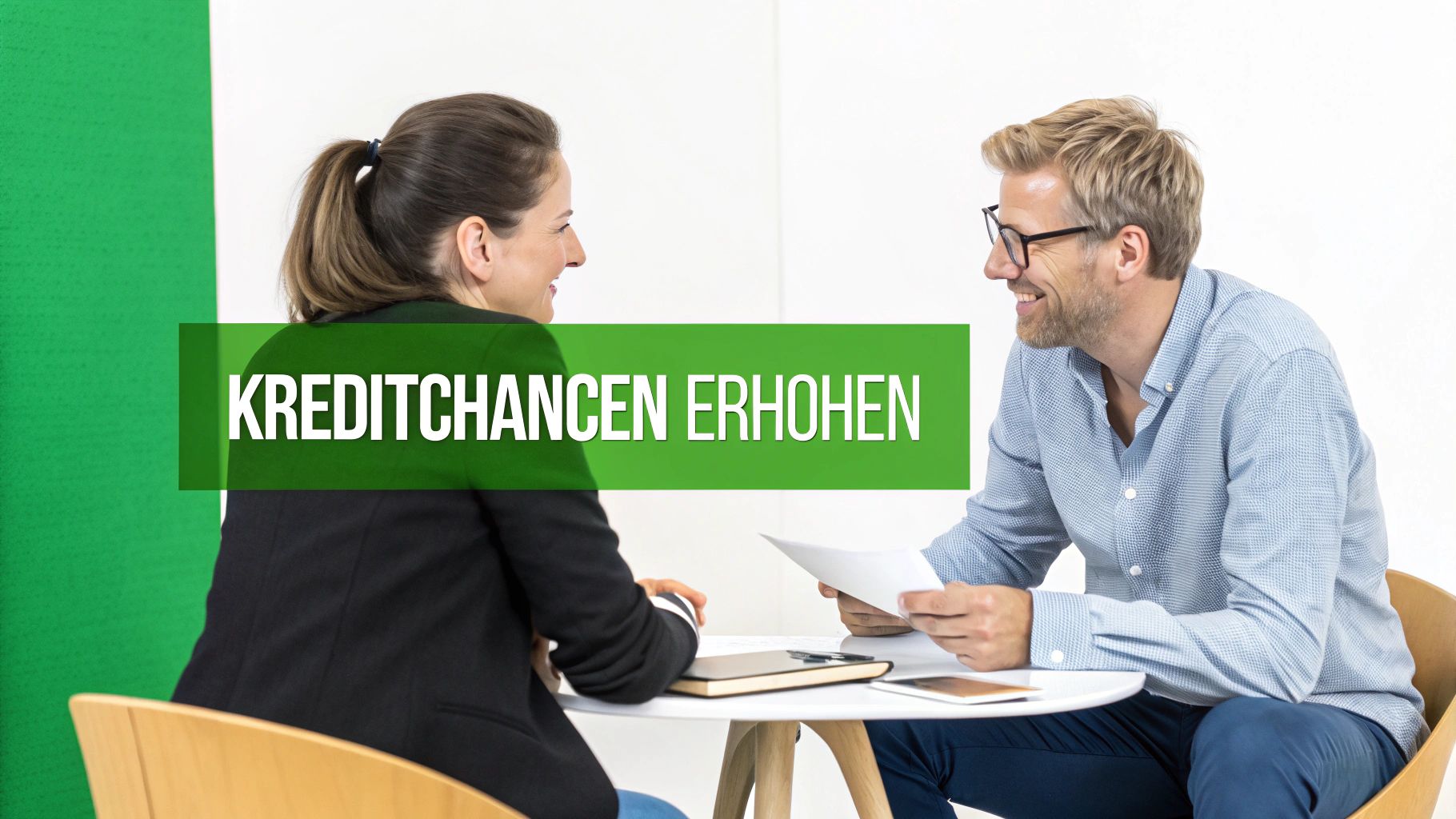 Zwei lächelnde Personen besprechen Unterlagen an einem Tisch, unter dem Titel 'KREDITCHANCEN ERHÖHEN'.
