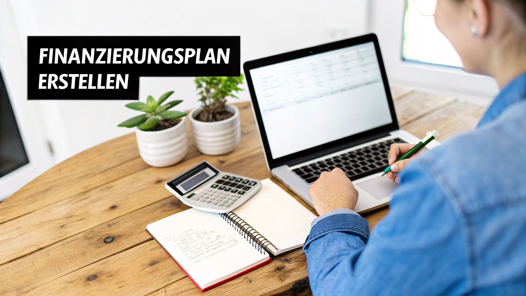 Eine Person erstellt einen Finanzierungsplan an einem Laptop mit Taschenrechner und Notizbuch.