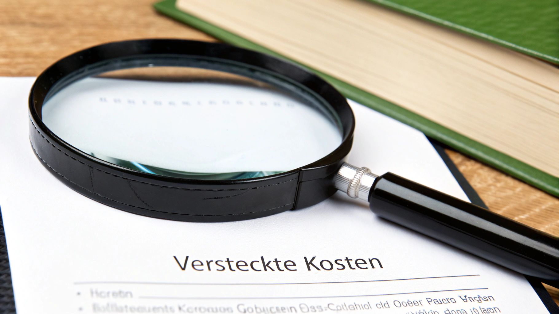 Ein Vergrößerungsglas auf einem Dokument zeigt den Text 'Versteckte Kosten' und ein grünes Buch im Hintergrund.