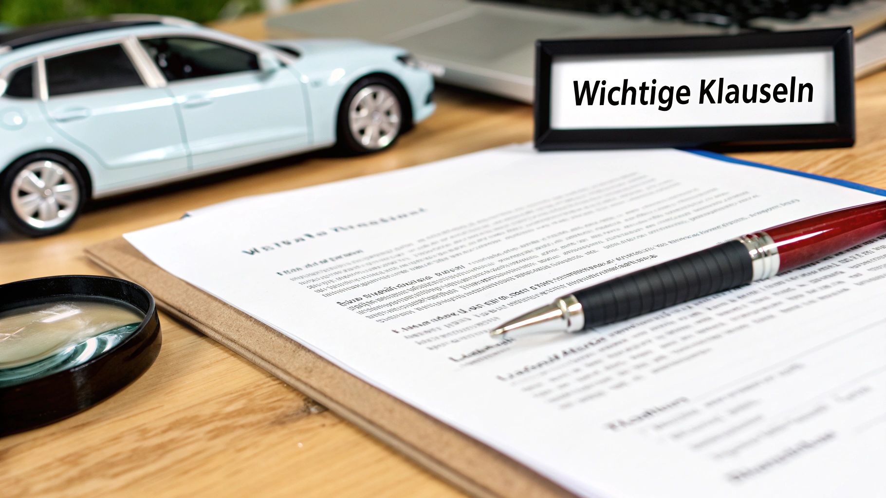 Vertragsunterlagen mit Stift, Lupe und Modellauto, daneben ein Schild mit der Aufschrift 'Wichtige Klauseln'.