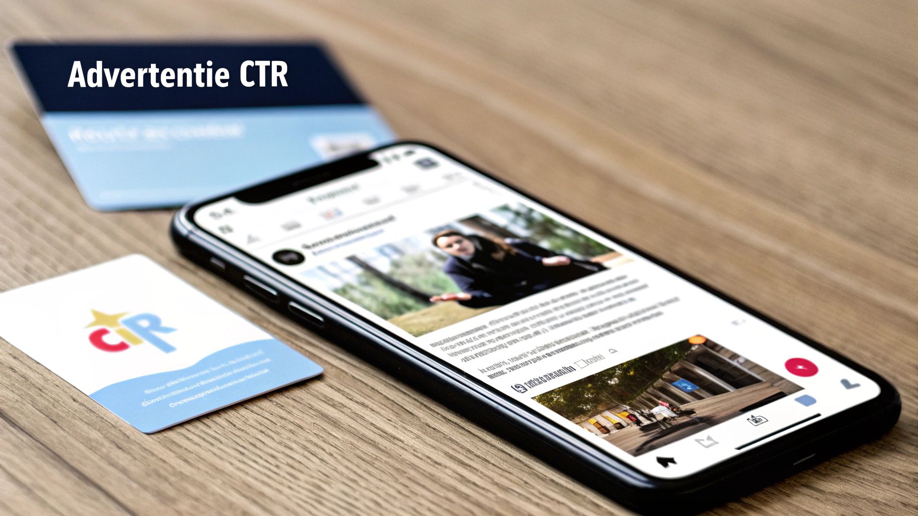 Een smartphone toont sociale media content naast kaarten met 'Advertentie CTR' en een CTR-logo op een houten tafel.