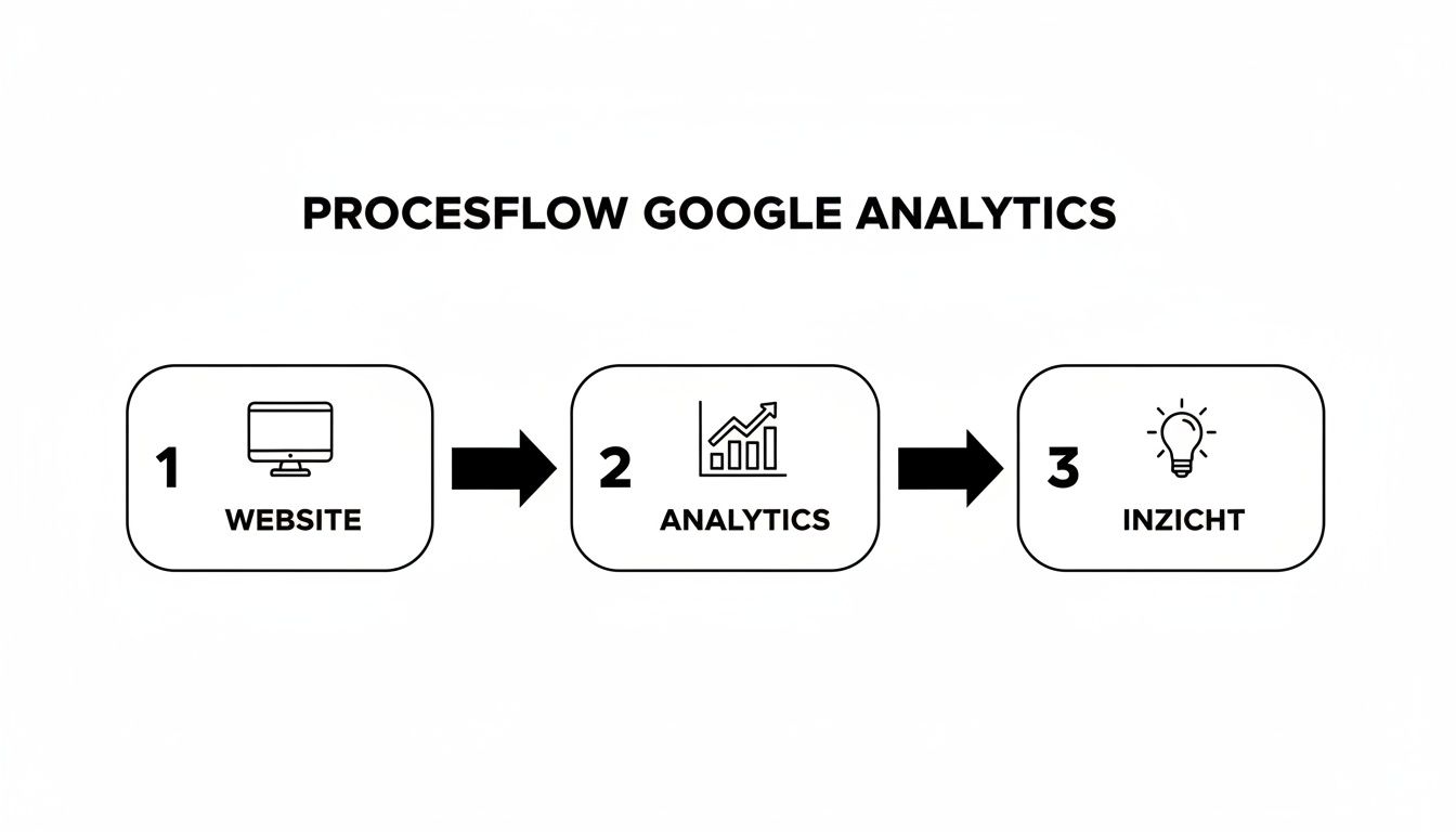 Een schematische weergave van de Google Analytics procesflow, van website data naar analytics en uiteindelijk inzicht.