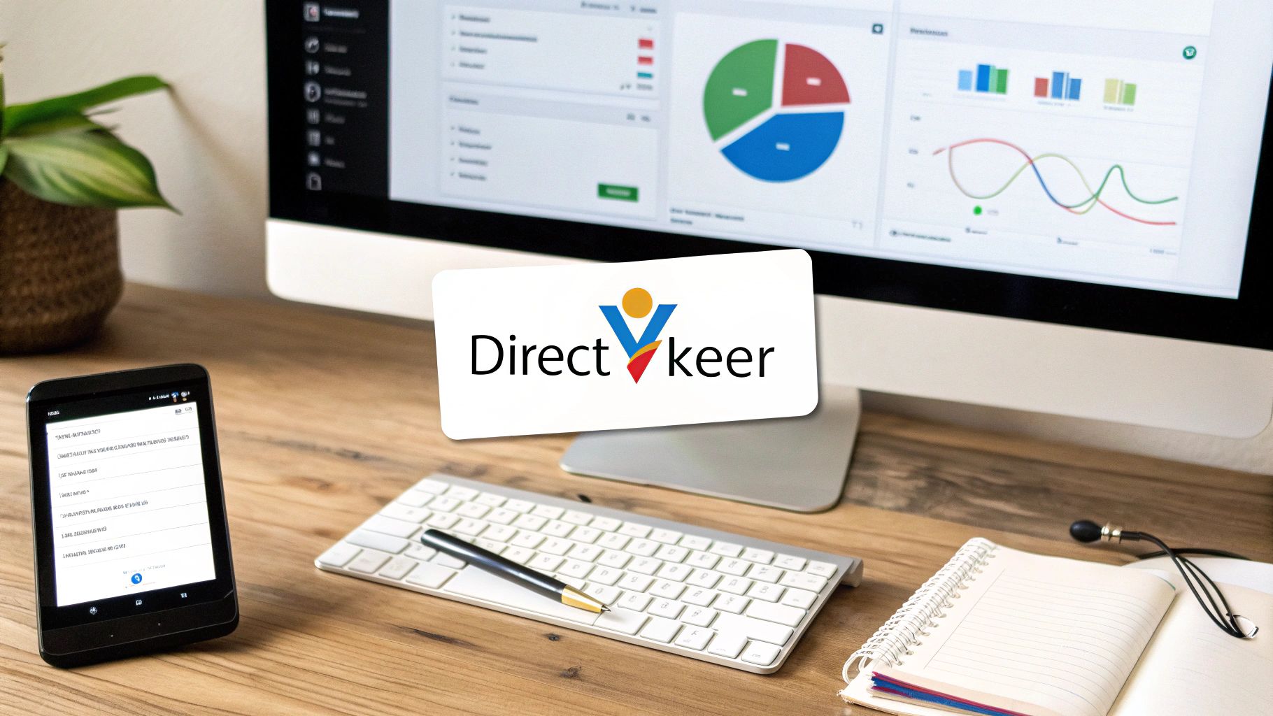Op een bureau staan een monitor met statistieken, een smartphone, toetsenbord, notitieboekje en een logo van Direct Vkeer.