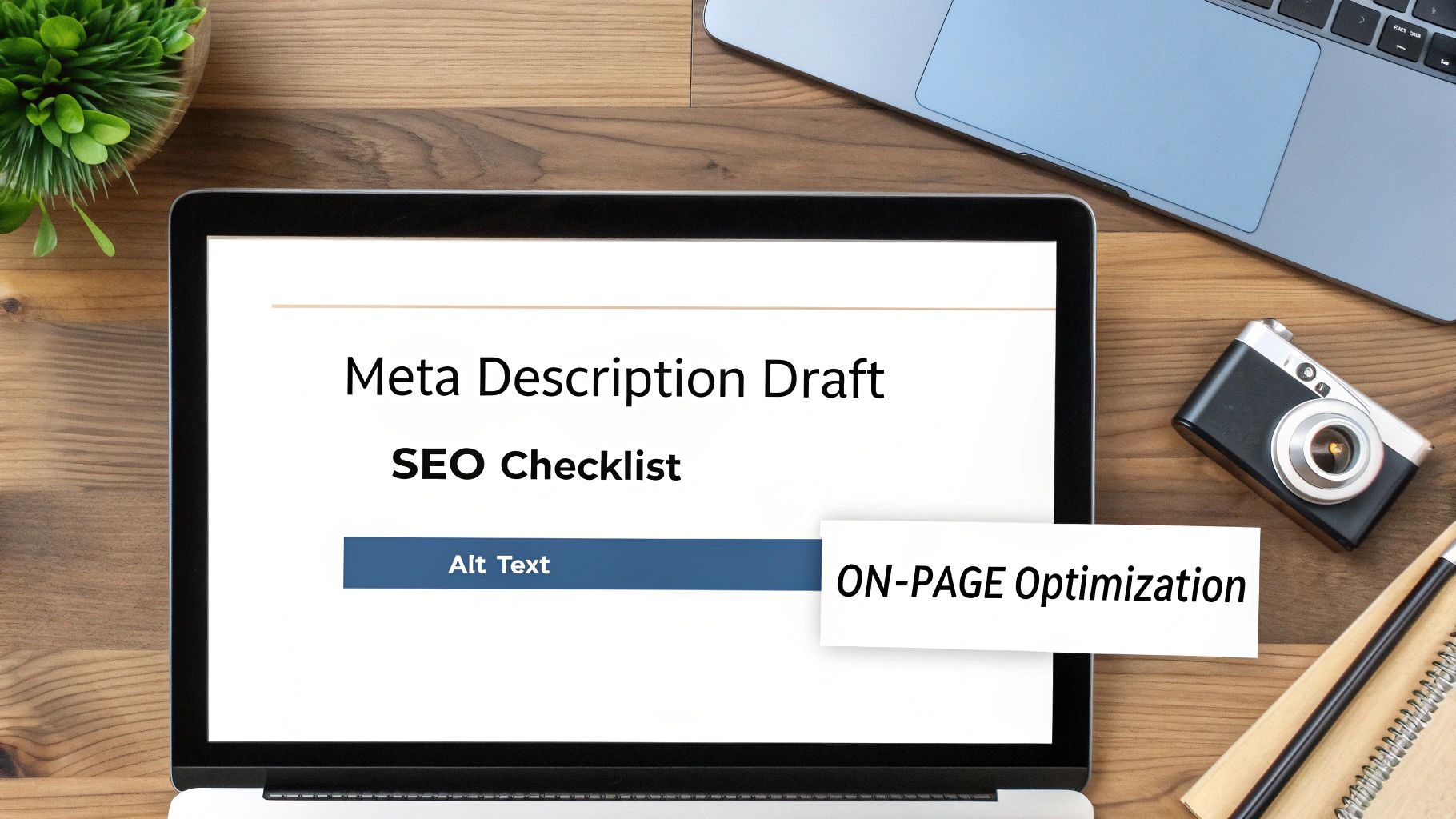 Laptop op houten bureau toont 'Meta Description Draft', 'SEO Checklist', 'Alt Text' en 'ON-PAGE Optimization'.