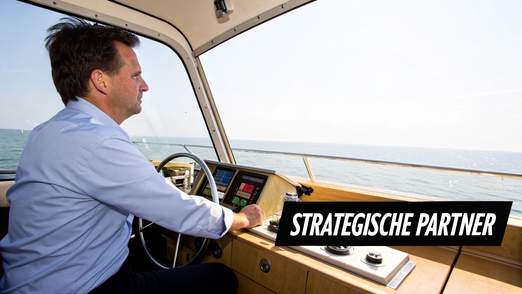 Man in een blauw overhemd stuurt een boot op zee, kijkt uit over het water met de tekst 'STRATEGISCHE PARTNER'.