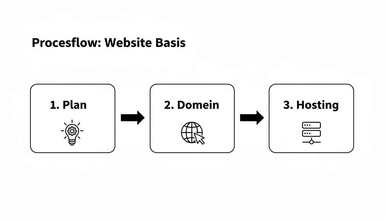 Een stapsgewijs proces voor de basis van een website, met fasen zoals plannen, domeinregistratie en hosting.