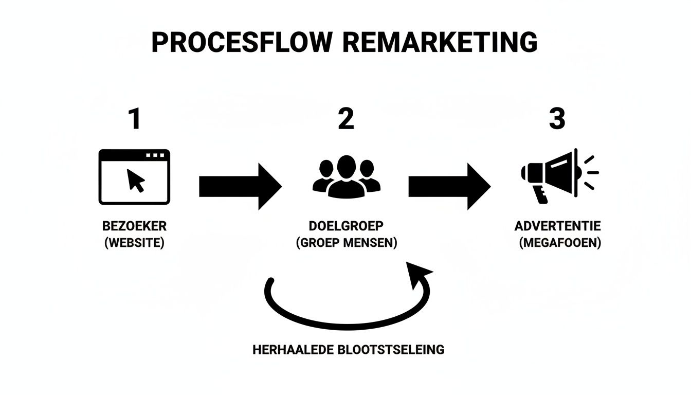 Diagram van het remarketing proces, beginnend met websitebezoekers, leidend tot een doelgroep en advertenties, met herhaalde blootstelling.