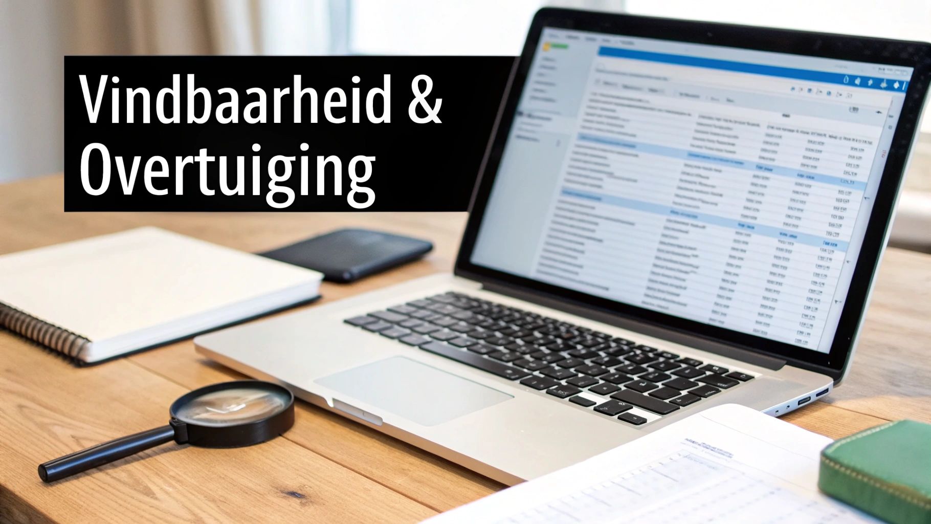 Een laptop, vergrootglas en notitieblok op een houten bureau met de tekst 'Vindbaarheid & Overtuiging'.