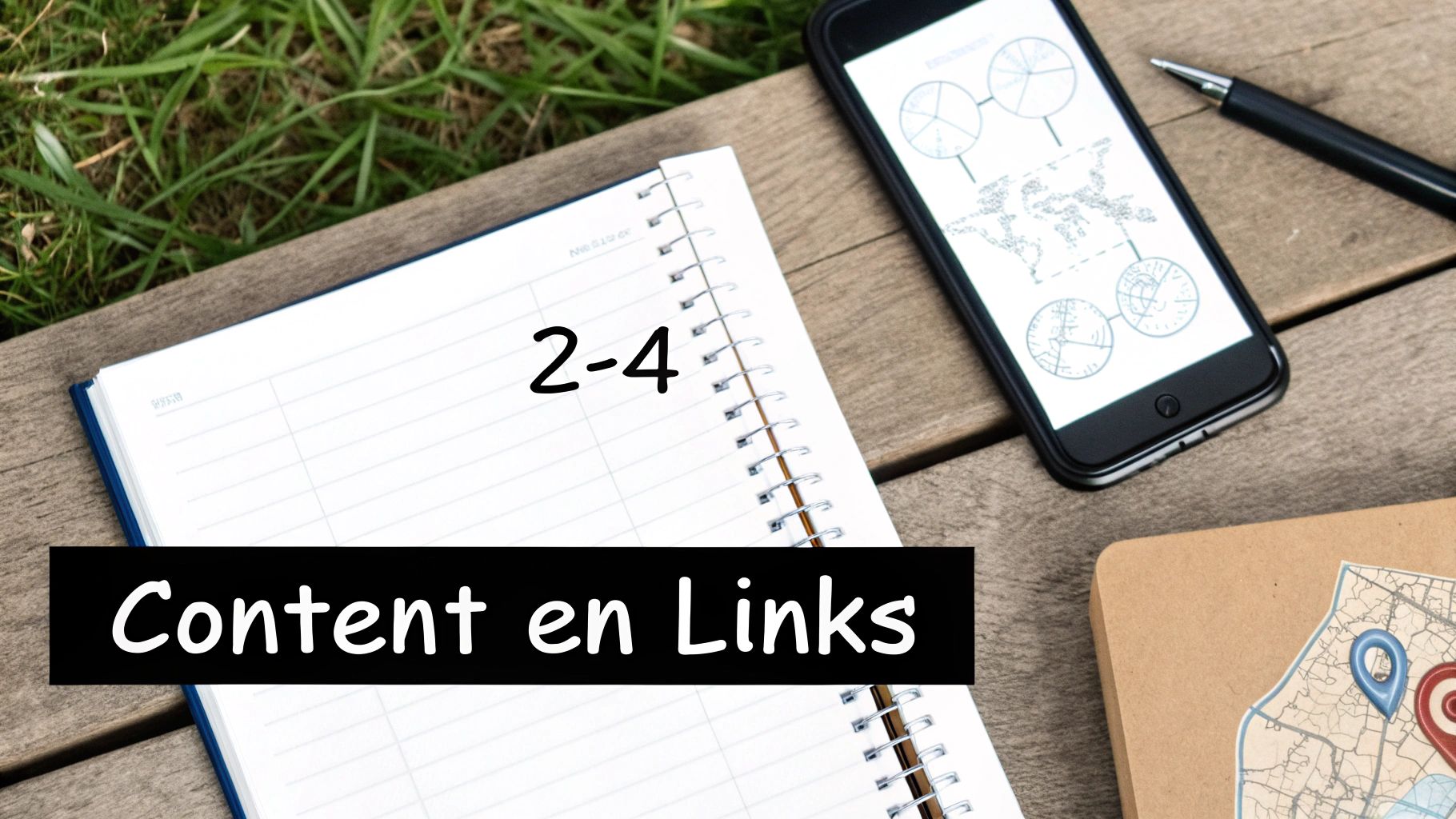 Een open notitieboek met de tekst "2-4" en "Content en Links", naast een smartphone met grafieken en een pen.
