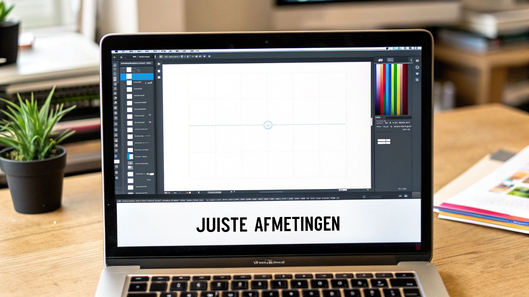 Laptop op een houten bureau toont designsoftware met een leeg canvas en de tekst 'JUISTE AFMETINGEN'.