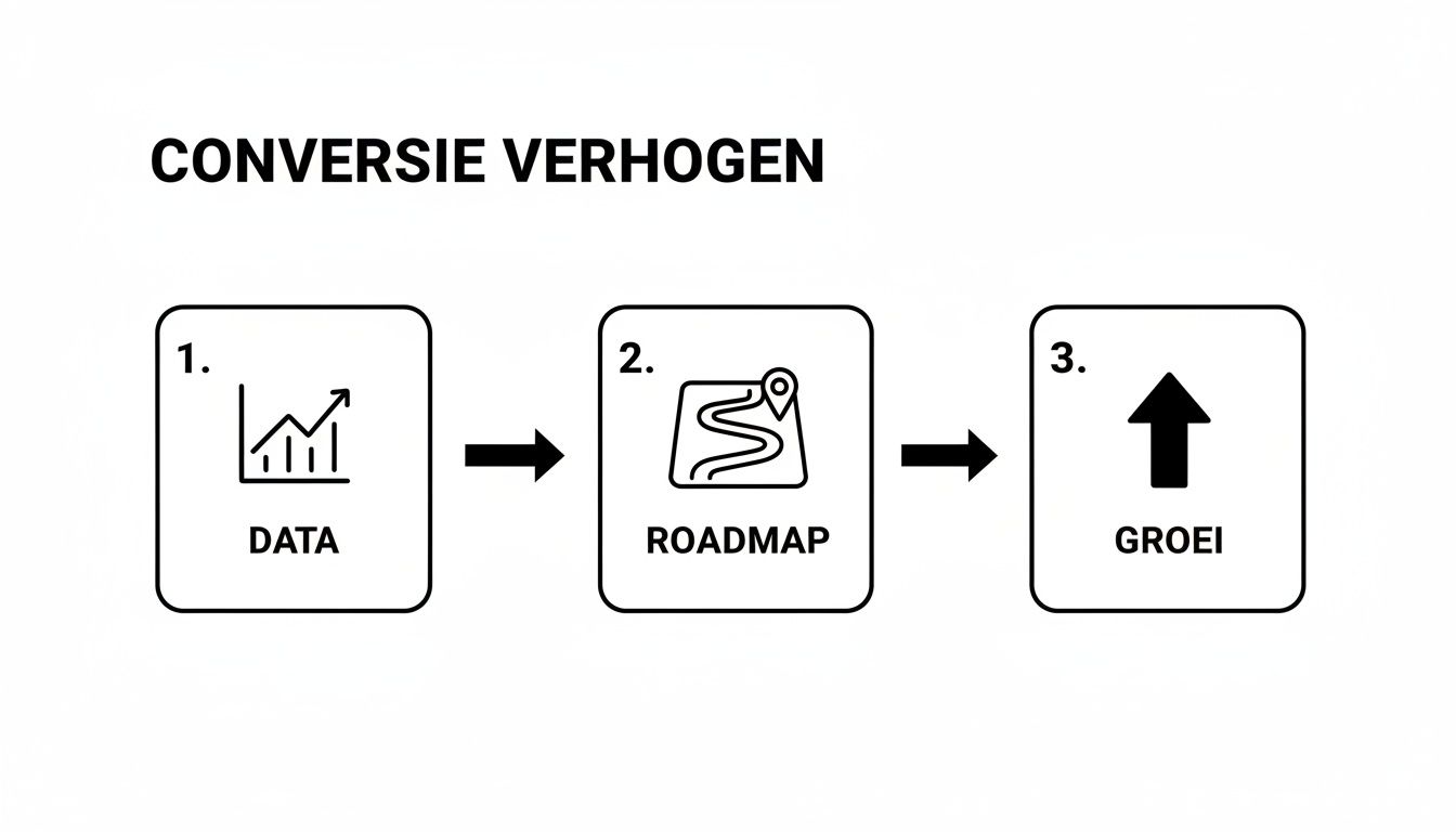 Een diagram met de stappen om conversie te verhogen: data-analyse, een roadmap volgen, leidend tot groei.