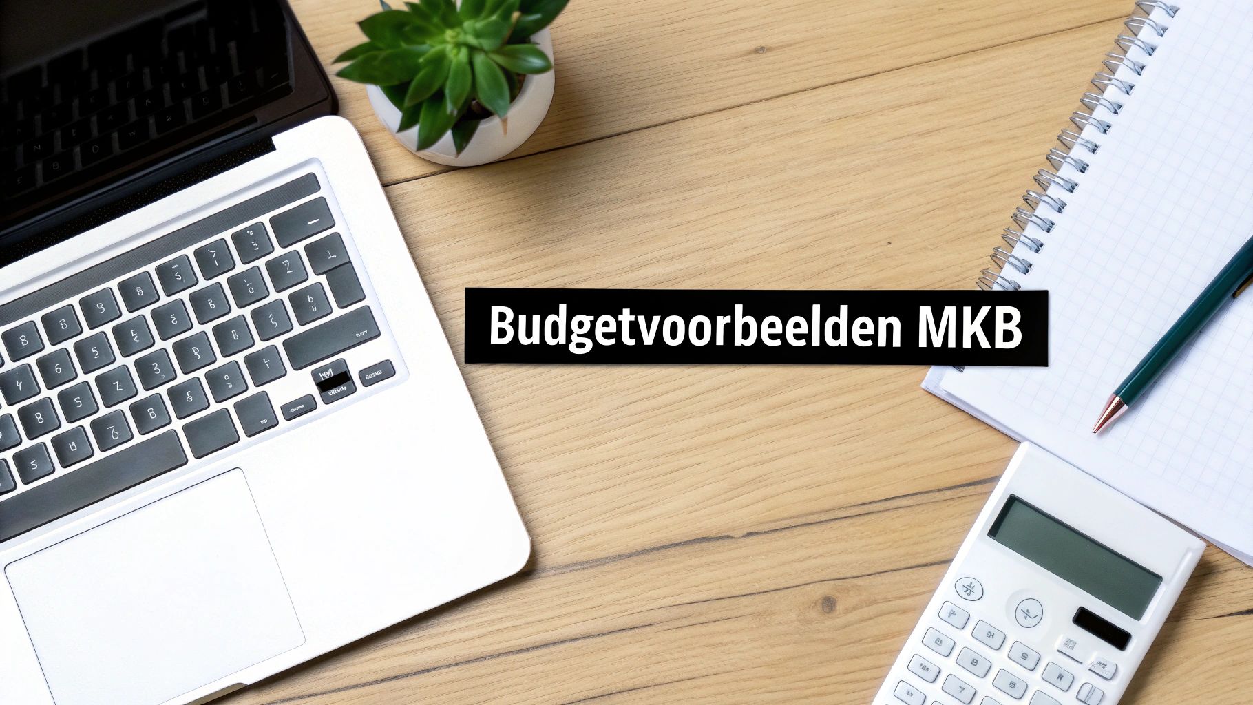 Een bovenaanzicht van een houten bureau met laptop, plant, notitieblok, pen en rekenmachine, met de tekst 'Budgetvoorbeelden MKB'.