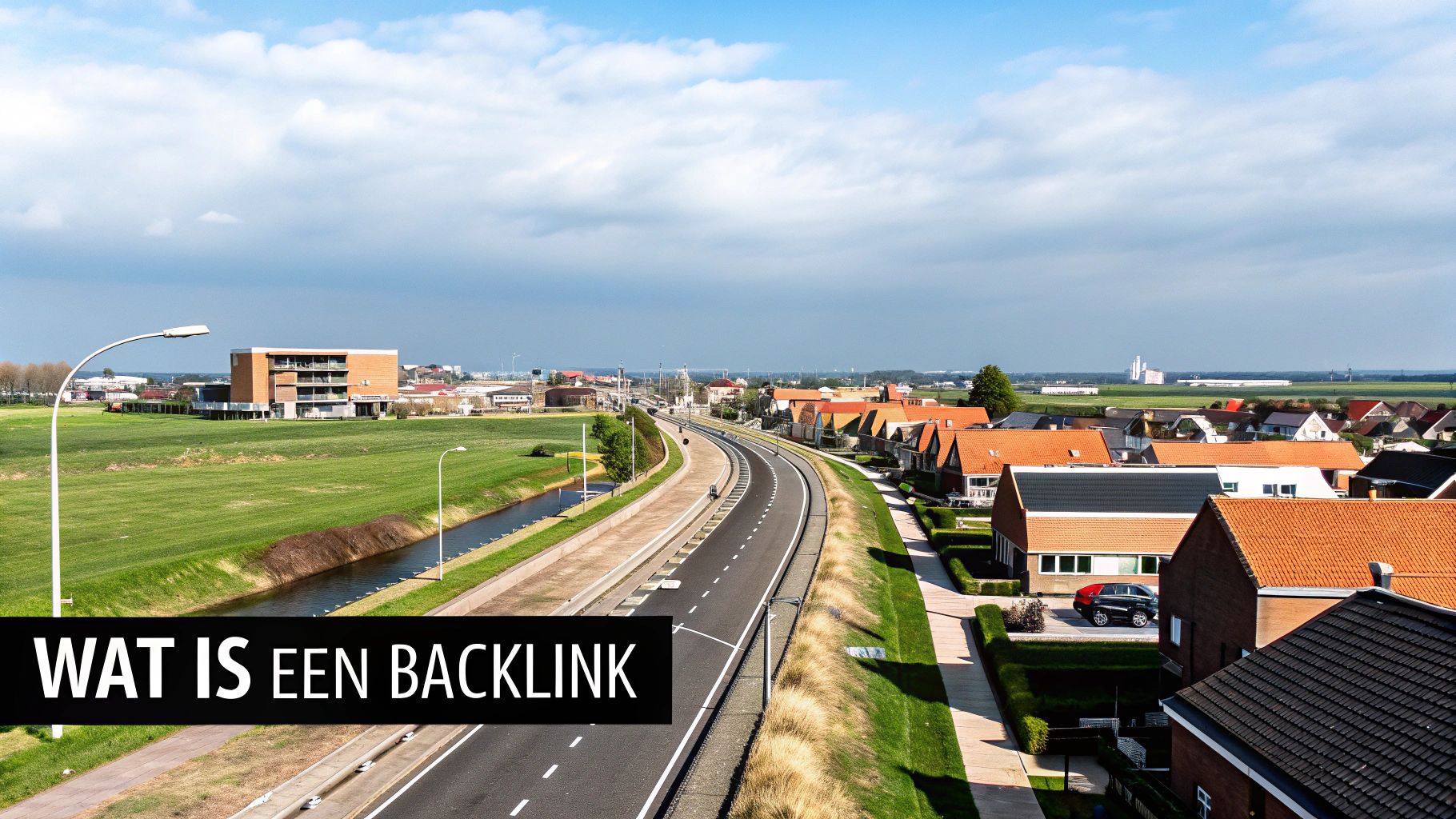 Luchtfoto van een snelweg die door een landschap slingert, met woonhuizen, een kanaal en moderne gebouwen.