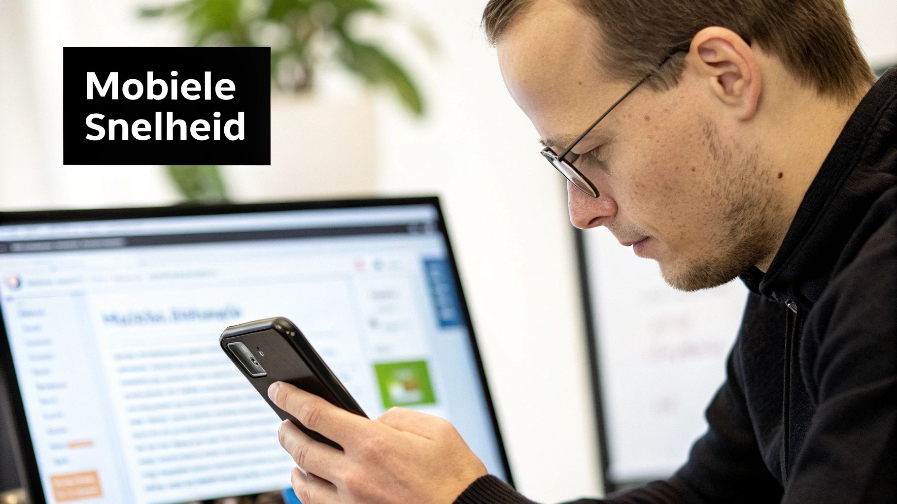 Man bekijkt zijn smartphone met de tekst 'Mobiele Snelheid' en een computerscherm op de achtergrond.