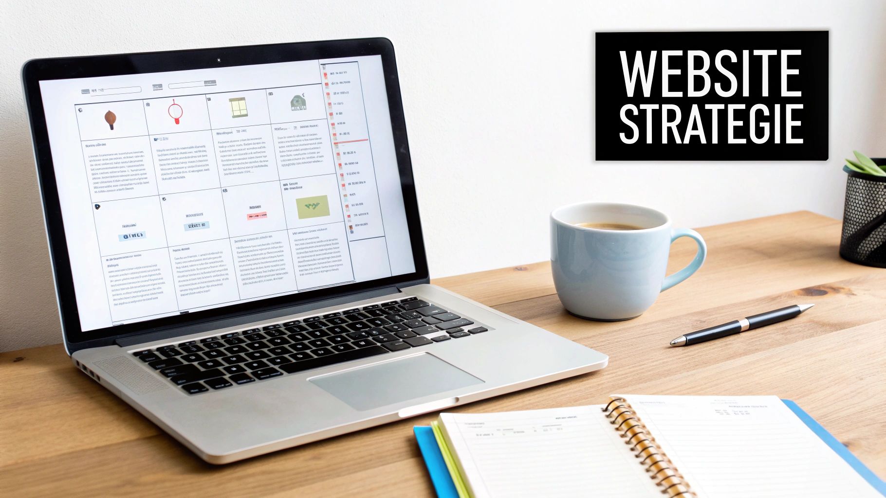 Laptop toont website strategie planning met koffie en notitieblok op houten bureau