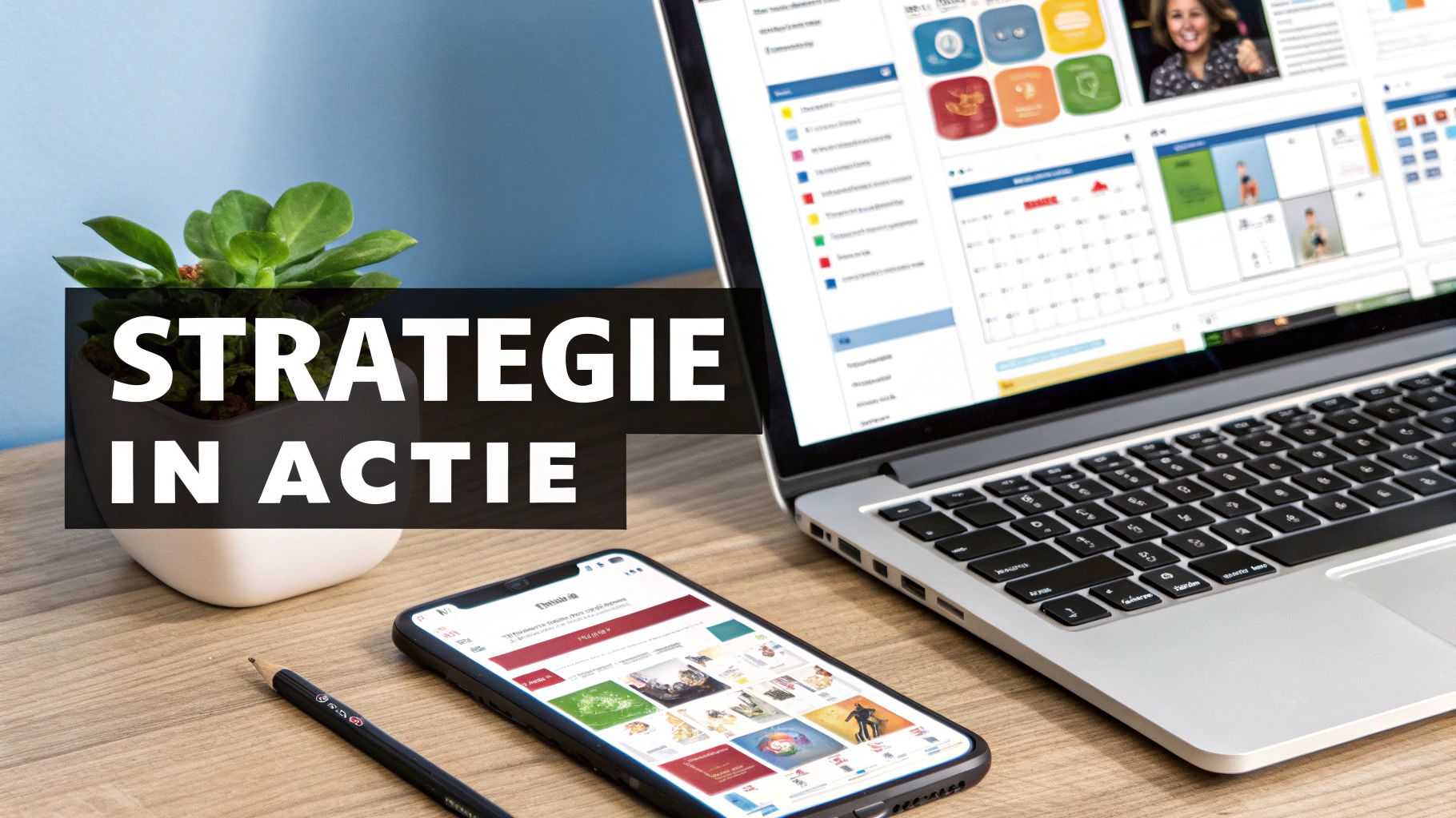 Bureau met laptop, smartphone, plant en potlood, met de tekst 'STRATEGIE IN ACTIE' prominent in beeld.