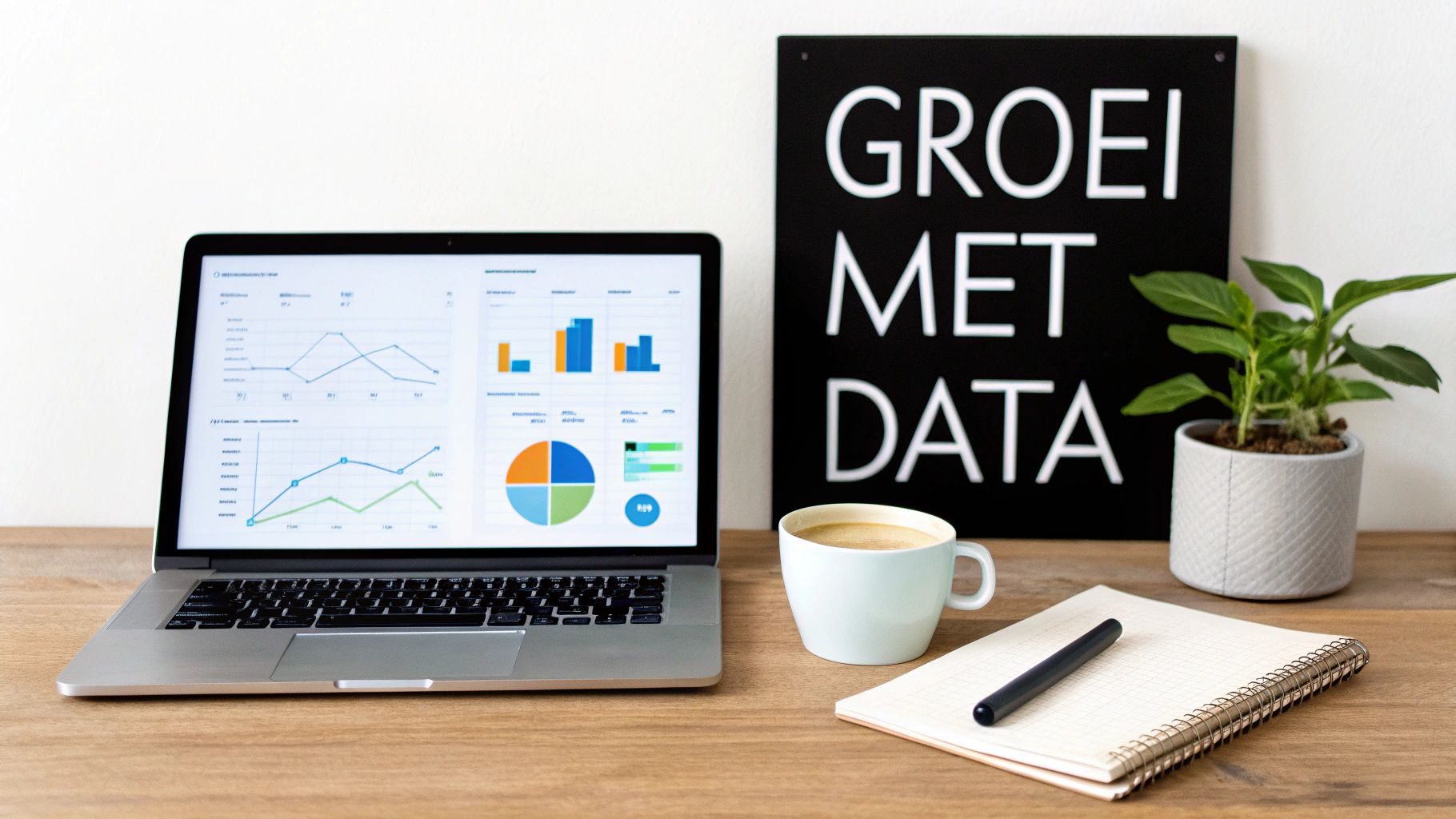 Een laptop toont data-analyse grafieken op een houten bureau met koffie, notitieboekje en een bord 'GROEI MET DATA'.