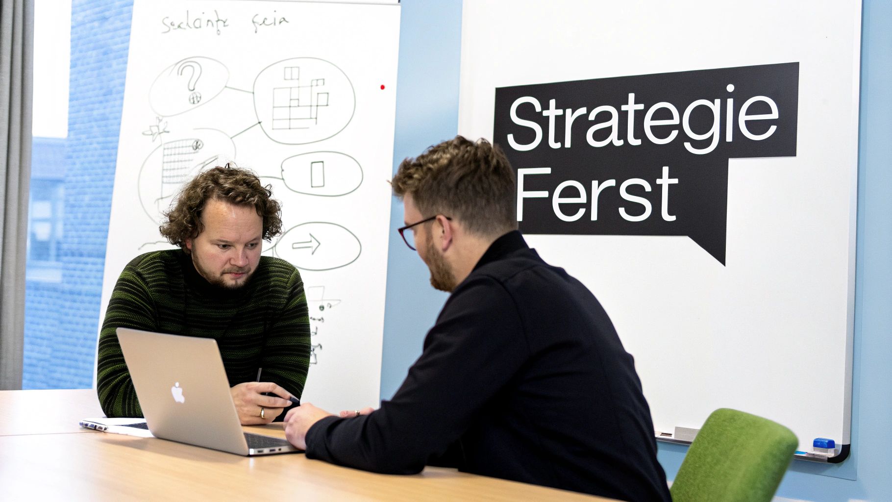 Twee mannen bespreken werk aan tafel met een laptop en whiteboards op de achtergrond, waaronder één met 'Strategie Ferst'.