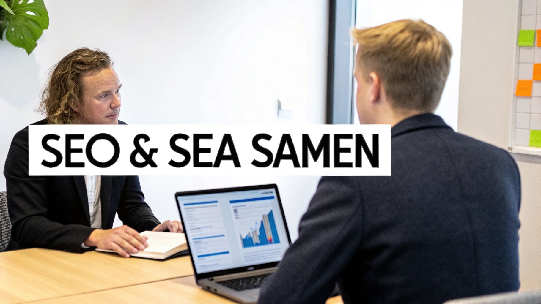Twee zakelijke professionals bespreken SEO en SEA strategieën met analytics grafieken op laptop