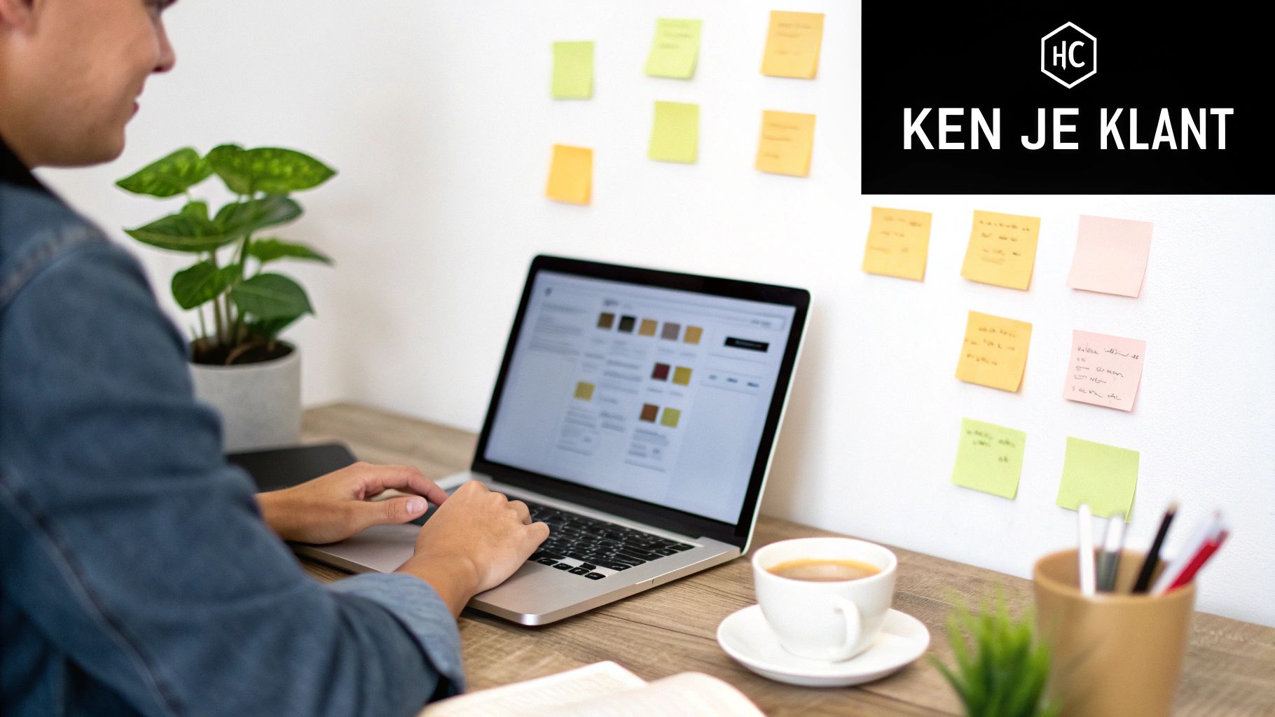 Een persoon werkt geconcentreerd op een laptop aan een bureau, omringd door een plant, koffie en plaknotities op de muur met de tekst 'KEN JE KLANT'.