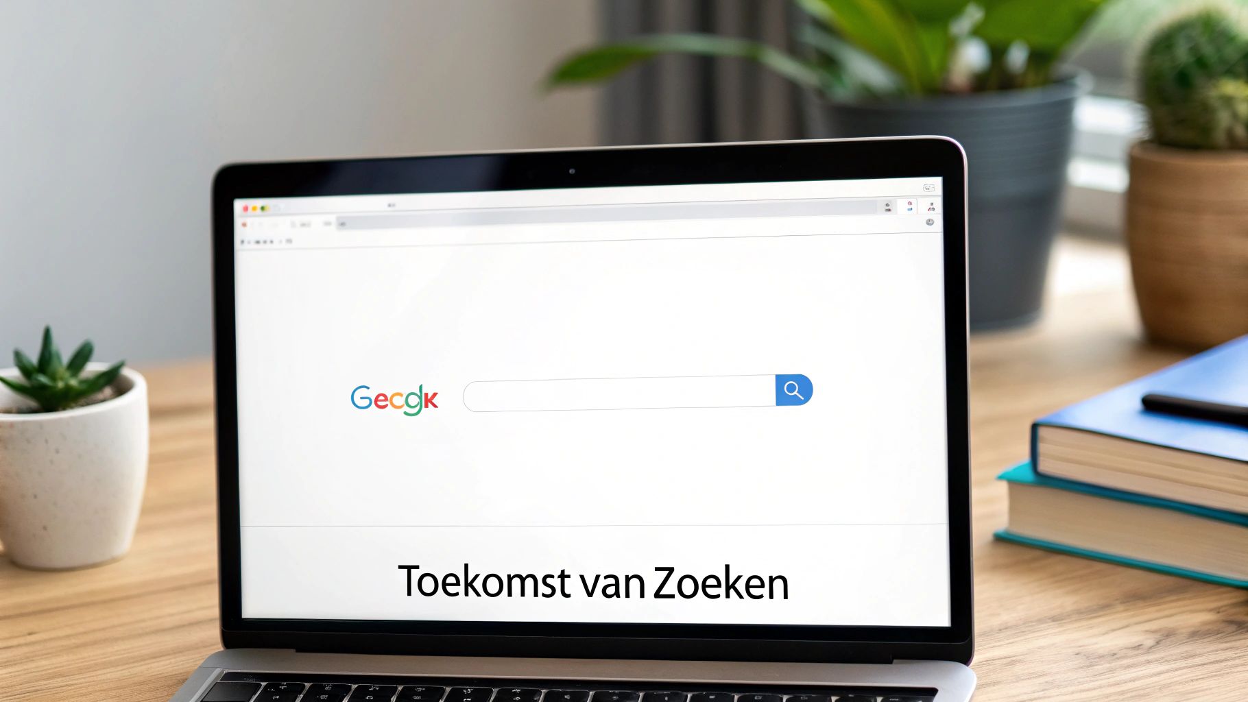 Een laptop toont een zoekmachine (Gecgk) met een zoekbalk en de tekst 'Toekomst van Zoeken' op het scherm.