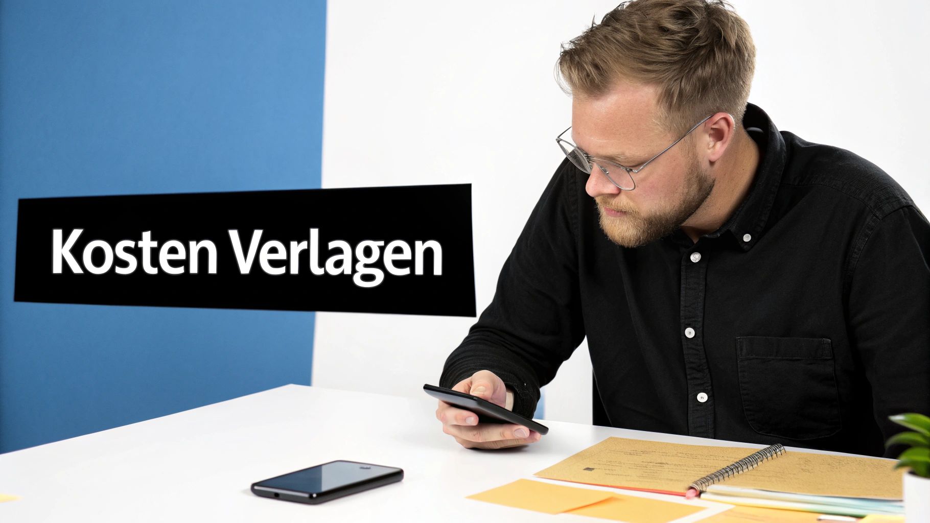 Zakenman bekijkt financiële gegevens op smartphone om kosten te verlagen, met papieren op bureau.