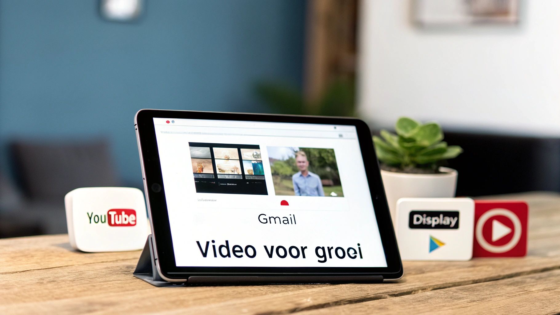 Een iPad op een houten tafel toont 'Video voor groei' met YouTube- en Google Display-logo's ernaast.