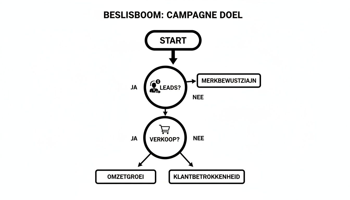 Een stroomschema dat helpt bij het bepalen van het campagnedoel, beginnend met vragen over leads en verkoop.